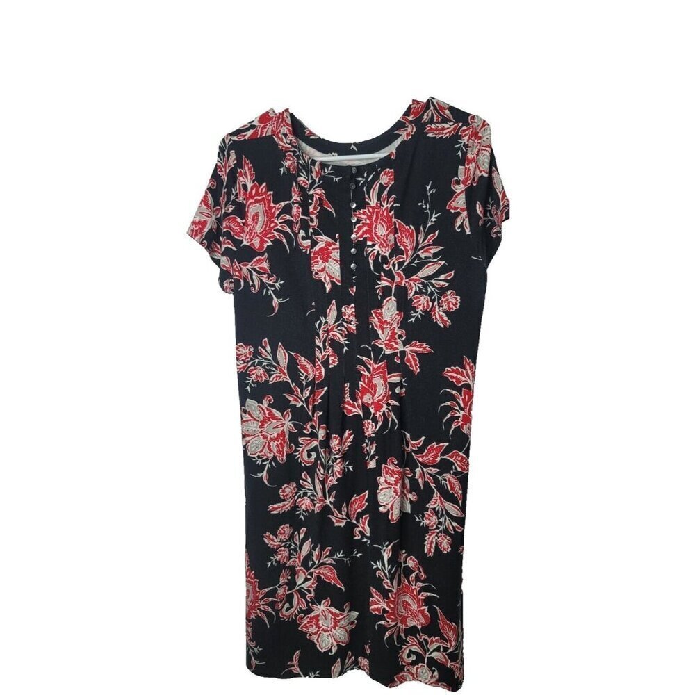 J jill Wearever Womens Sz M Dress Black Floral Buttons Short Sleeve Stretch